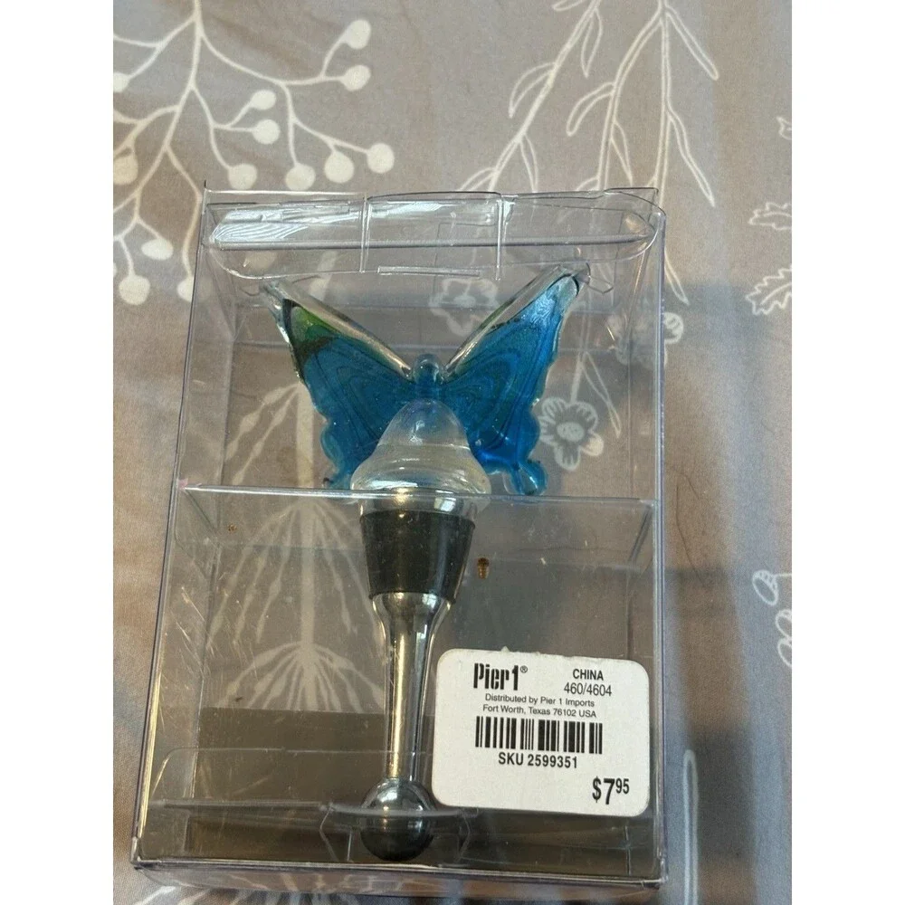 PIER 1 IMPORTS Bottle Stopper  Green Blue Butterfly Glass Brand New